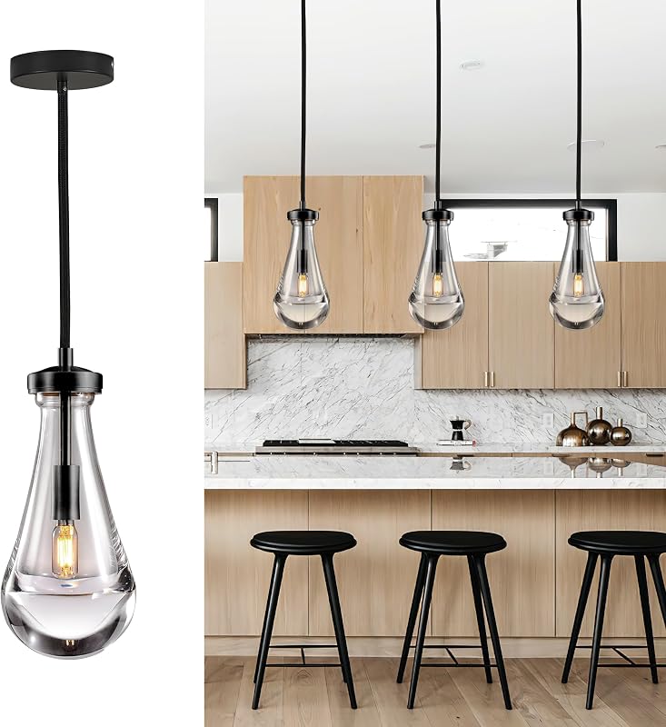 Lámpara colgante vidrio negro forma gota 3uds cocina