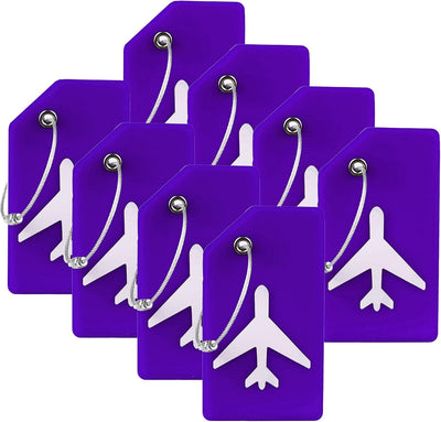 8 Etiquetas Silicona Viaje Lazo Inox TSA Aprobadas Color Morado