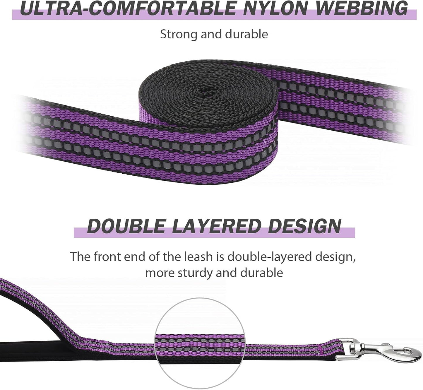 Correa perro 6ft 2 asas acolchadas reflectante morado