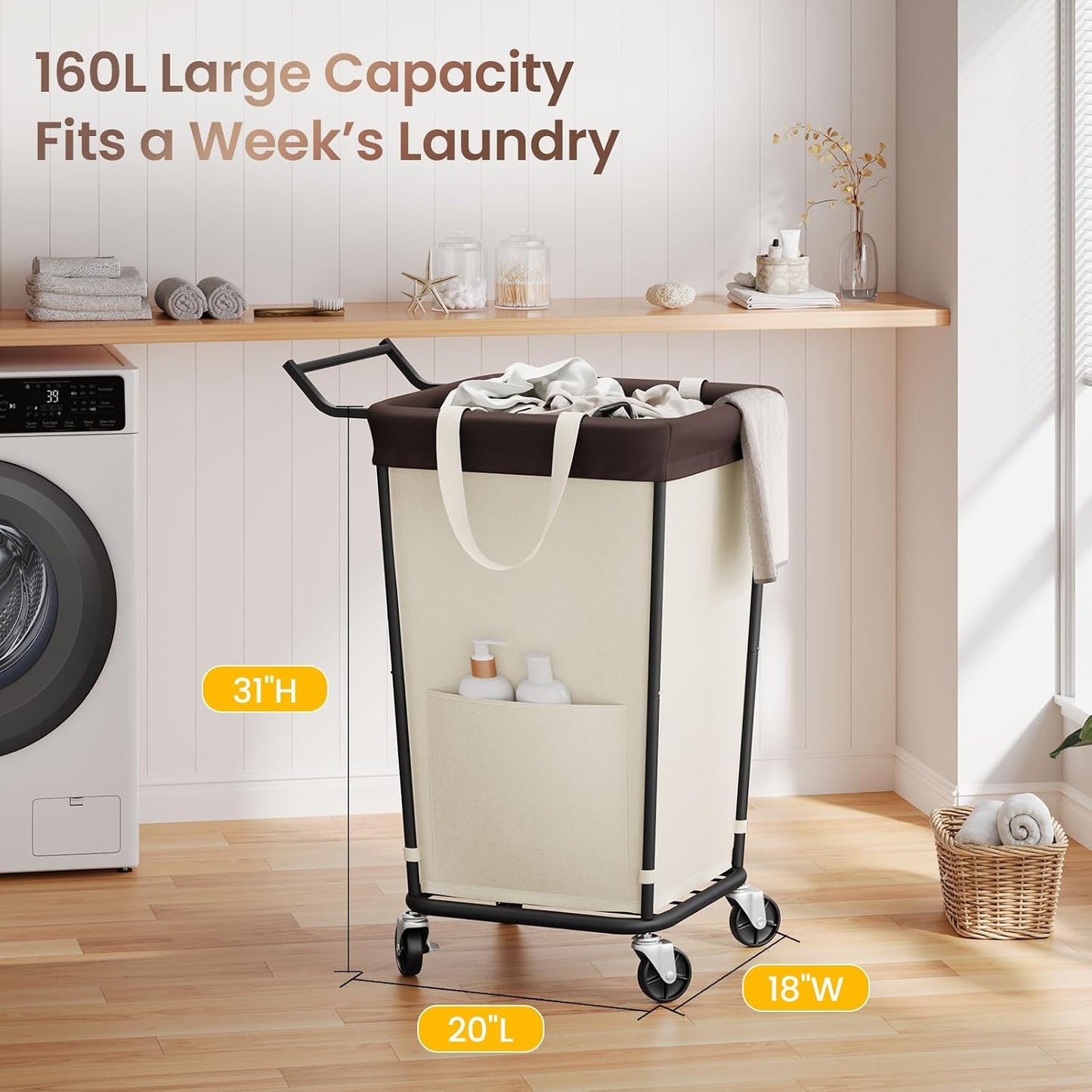 Cesto ropa 160L con ruedas 2 secciones beige