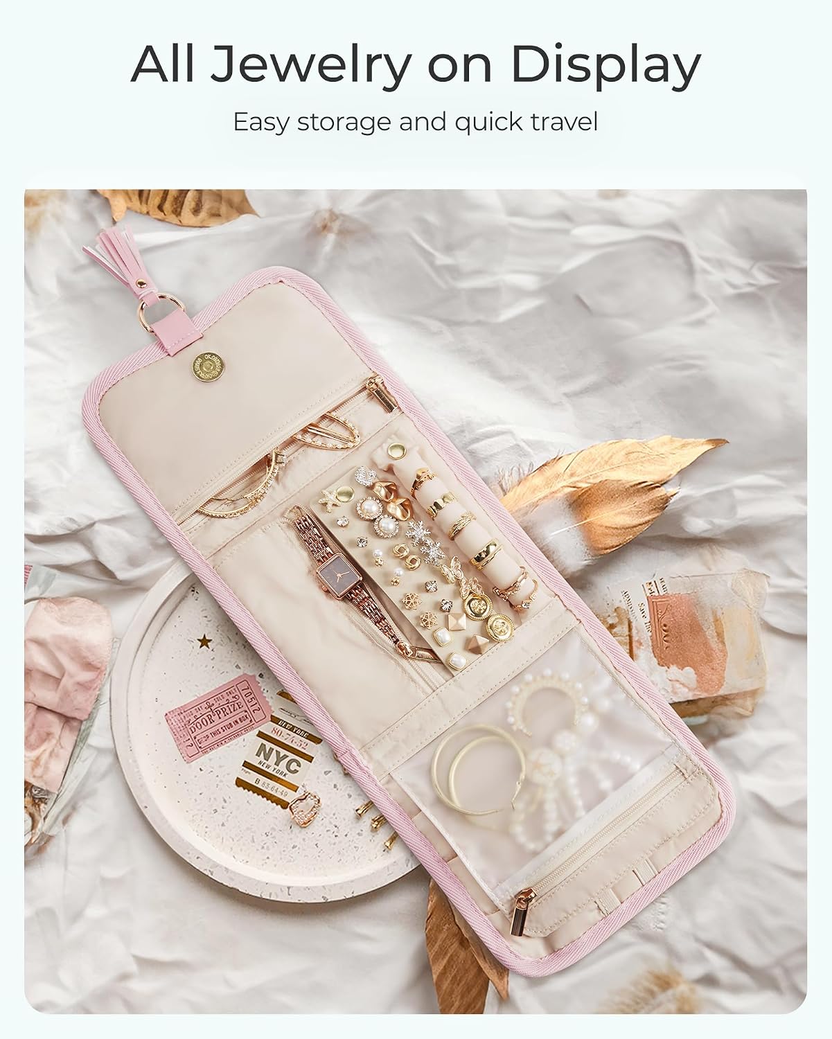 Estuche plegable organiz. joyas viaje beige