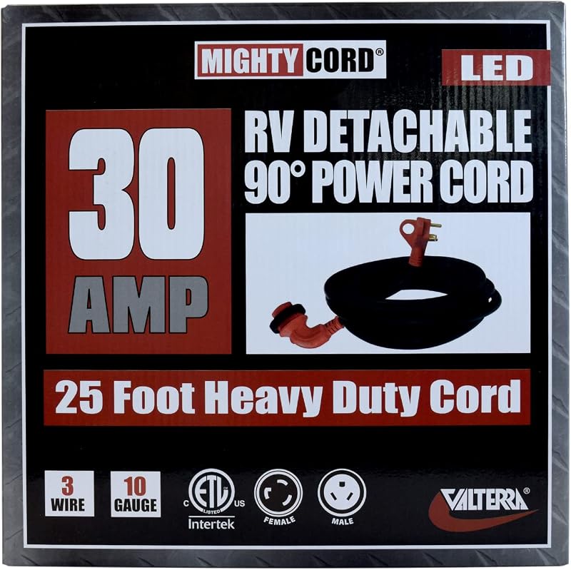 Cable alimentación RV 25 ft 30A 90grados desmontable rojo