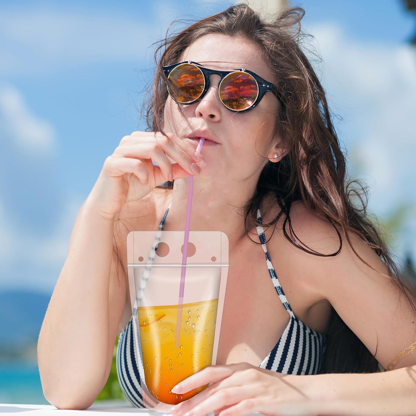 100 Bolsas Bebidas 16oz con 100 Popotes para Adultos y Niños