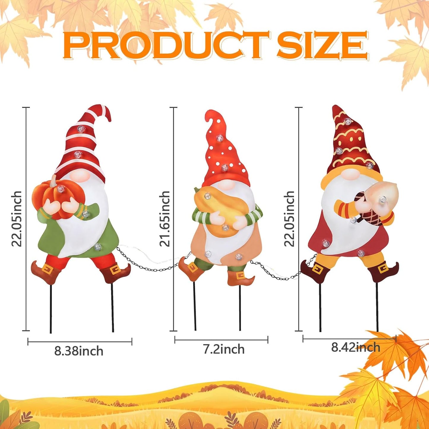 3 Pzas Letrero Metal Gnomos Luces LED Jardín Otoño