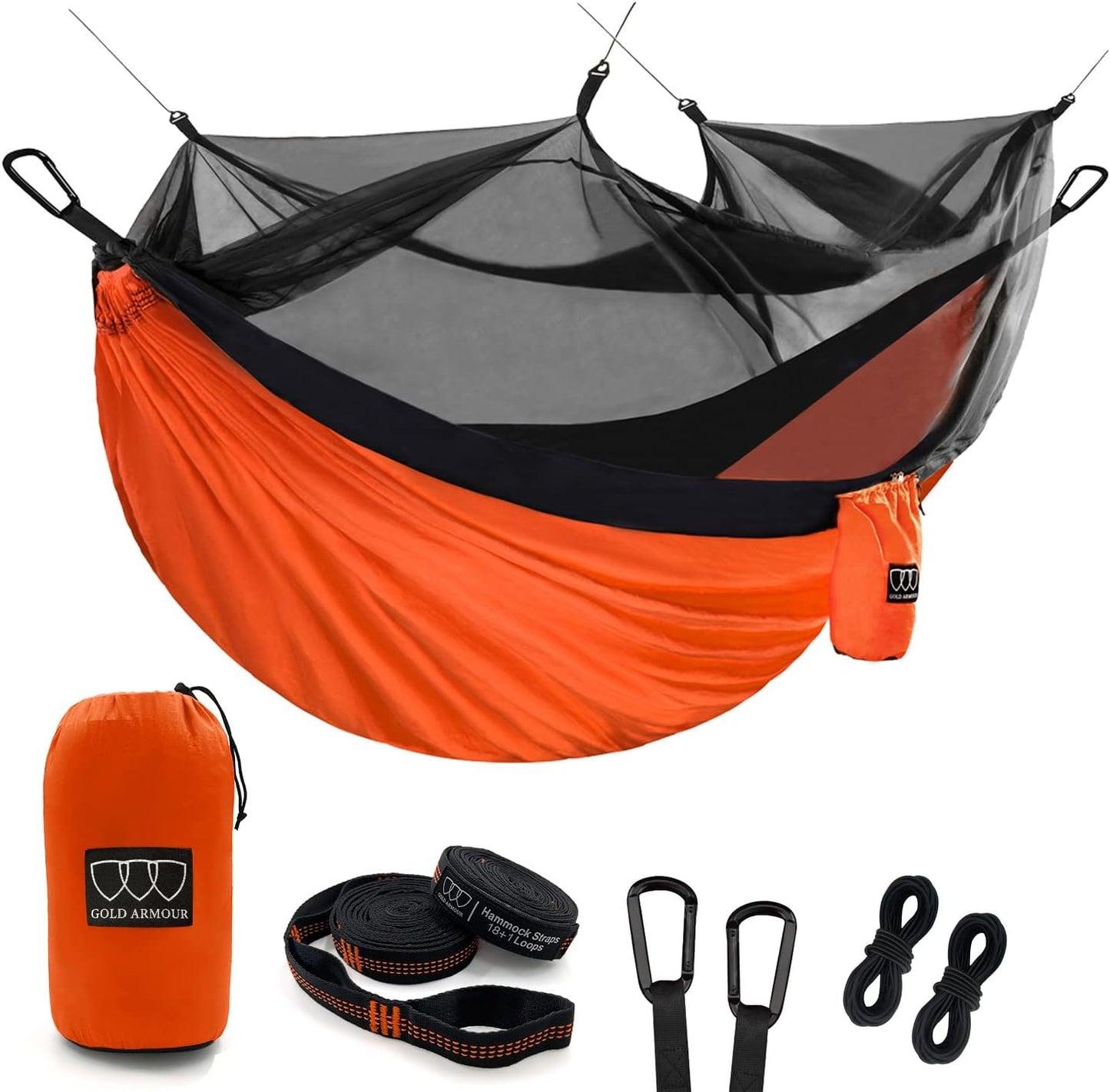 Hamaca doble con red de insectos para camping naranja