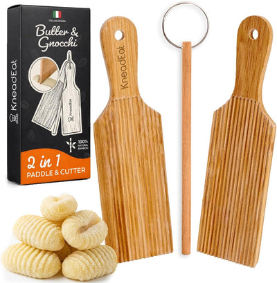 Juego tabla ñoquis bambú rodillo paletas cortador cocina italiana