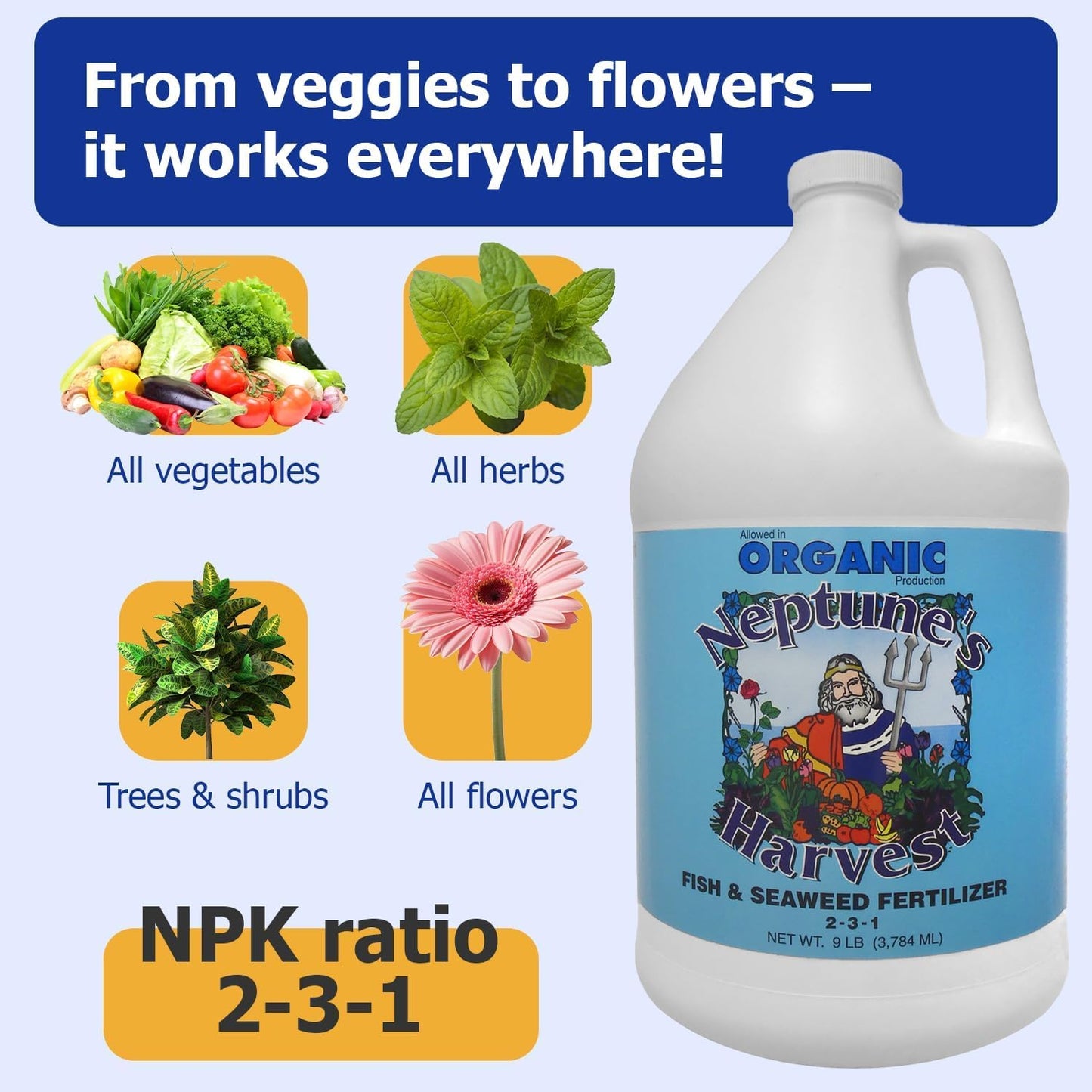 Fertilizante líquido pescado algas 2-3-1 1gal para plantas
