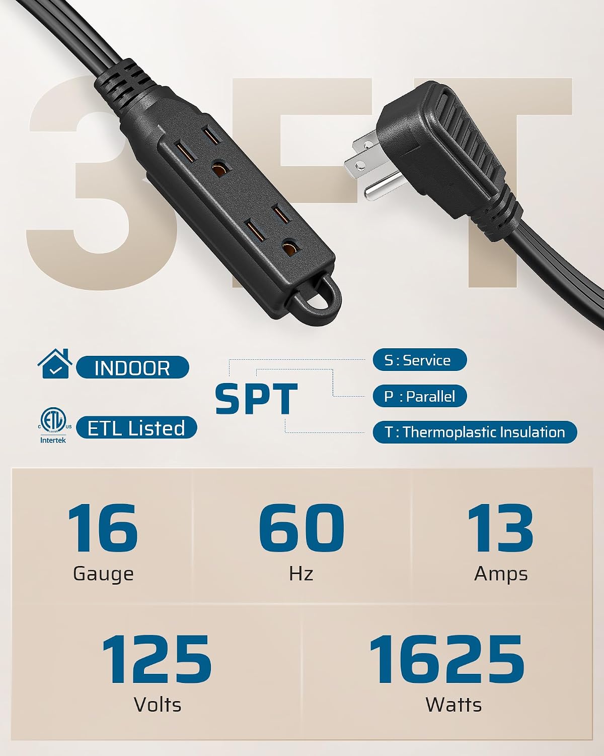 Cable extensión 3 salidas enchufe plano 3pies 2 pzas