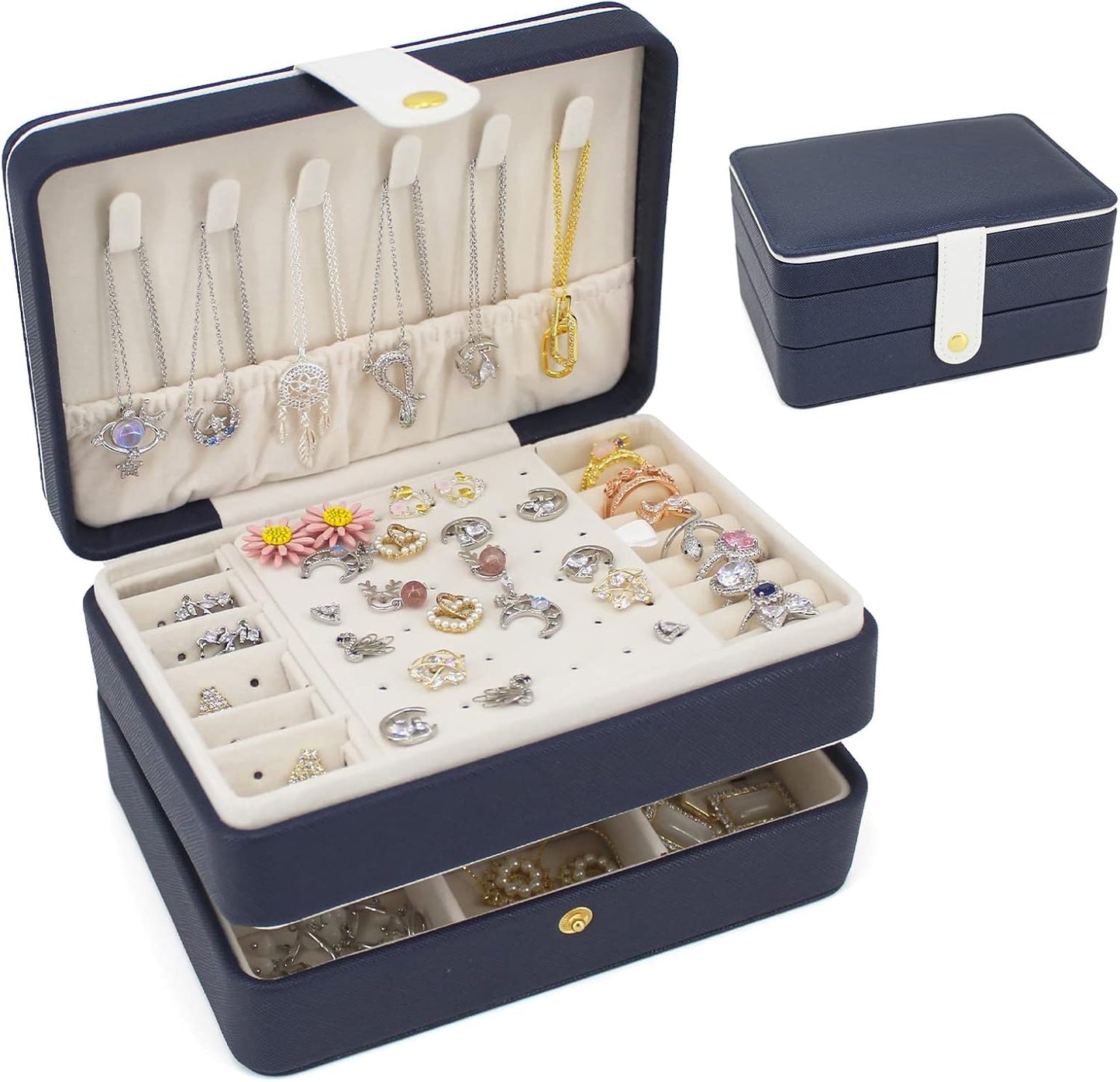 Joyero cuero doble capa para anillos aretes y collares azul