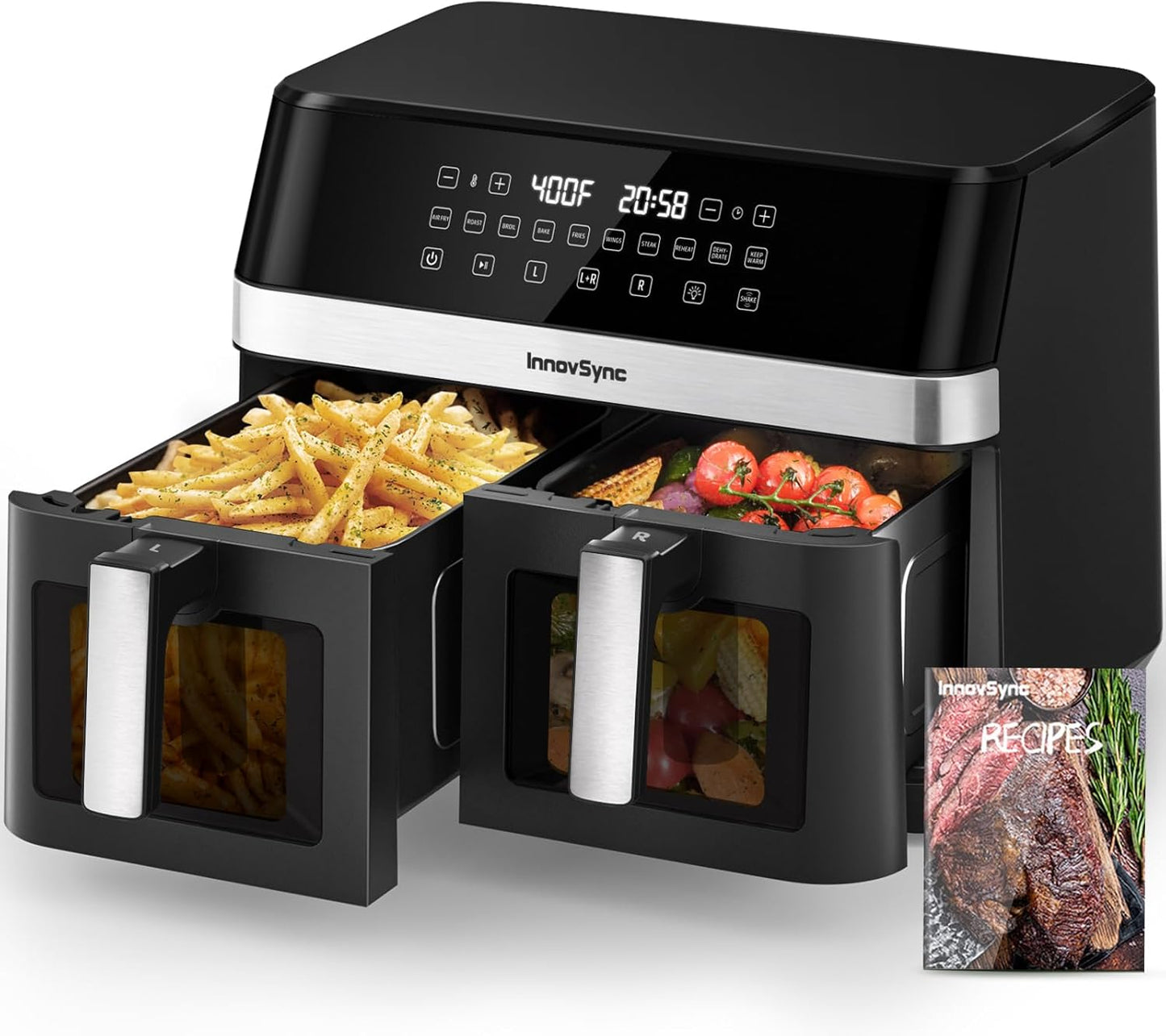 Freidora aire doble 12qt 10 en 1 con 2 cestas 6qt panel tactil