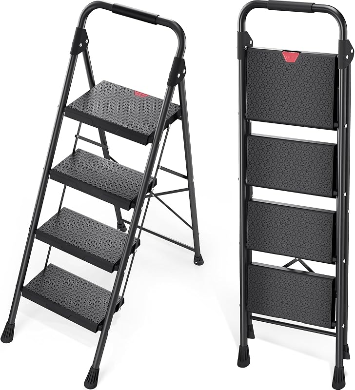Escalera 4 escalones plegable con pasamanos negro