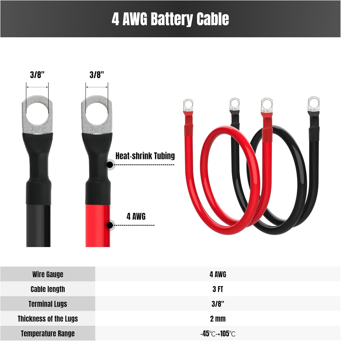Cable batería 4AWG 3 pies con terminales 3/8" inversor