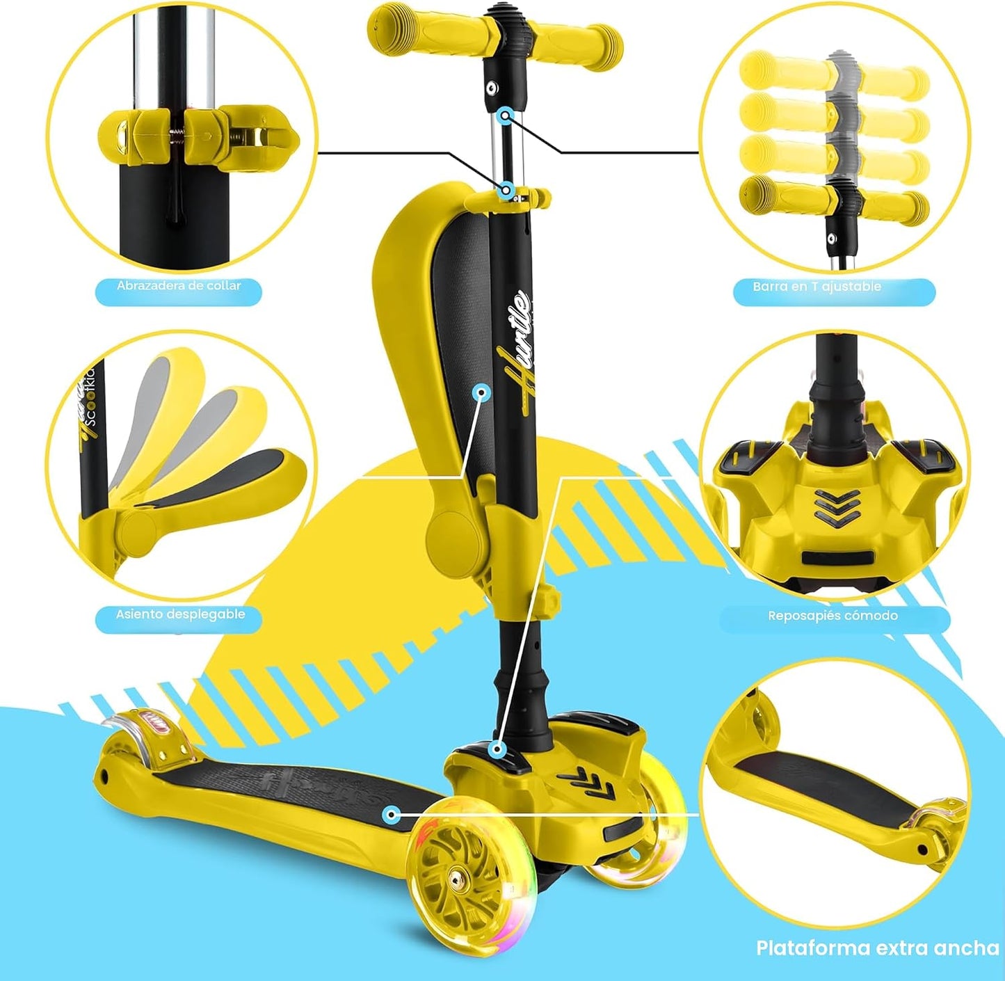 Patinete 3 ruedas niños luces LED manubrio ajustable