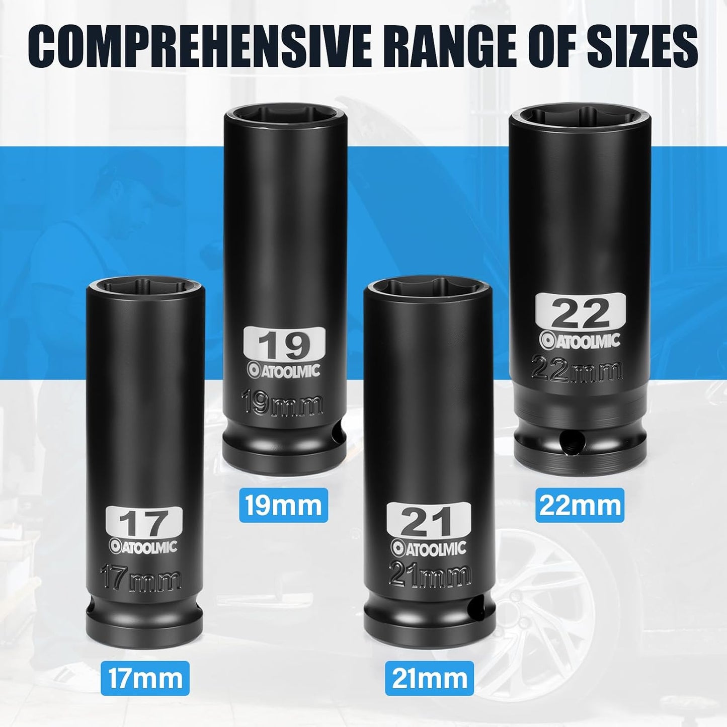 Set 4 llaves vaso métricas impacto 1/2pulg acero caja roja