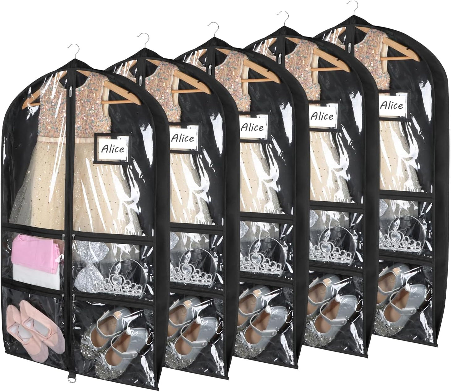 Bolsa ropa baile transparente 3" 4 bolsillos set 5
