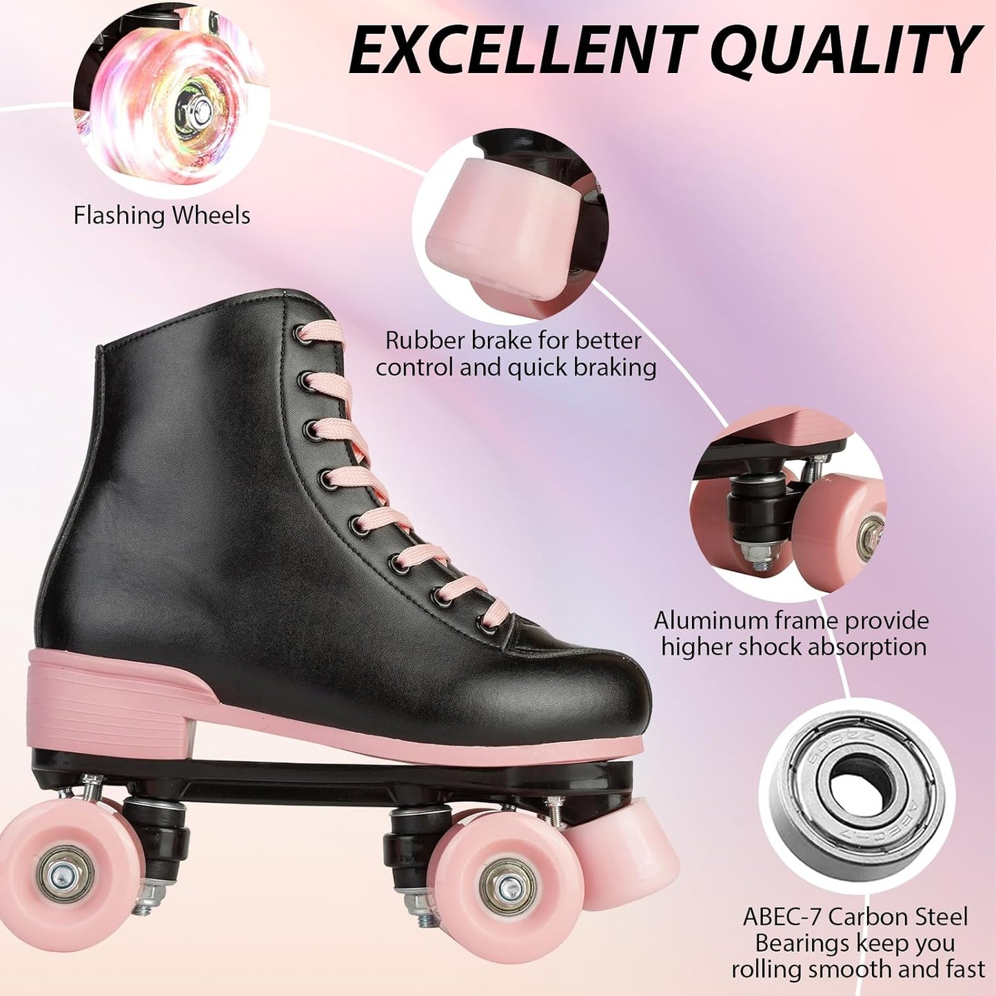 Patines niñas con luces doble fila negro rosa