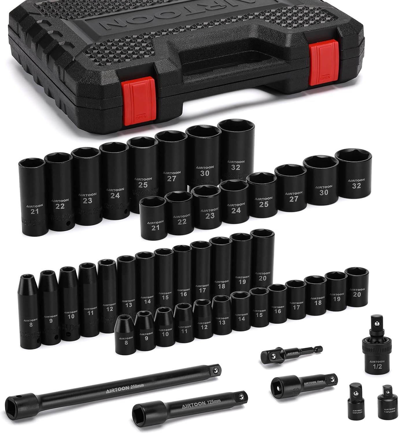 Set llaves impacto 1/2 pulg 49 pzas vasos 8-32mm acero CR-V