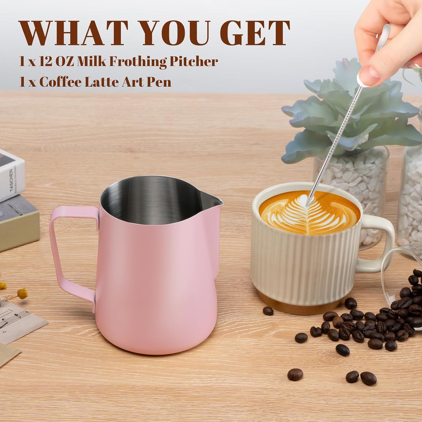 Jarra espumadora leche 12oz acero inox 304 con escala rosa