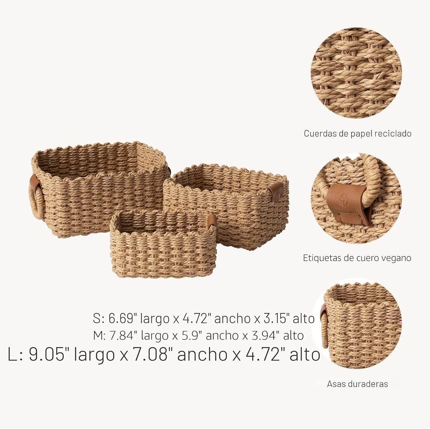3 Cestas Cuadradas Mimbre Decorativas para Estantería