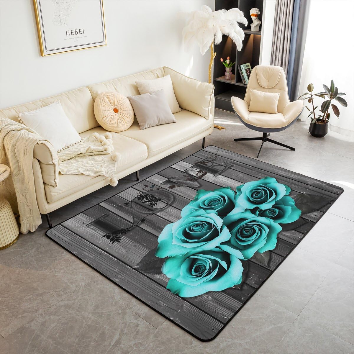Alfombra gris turquesa con rosas 5x7pulg para mesita noche