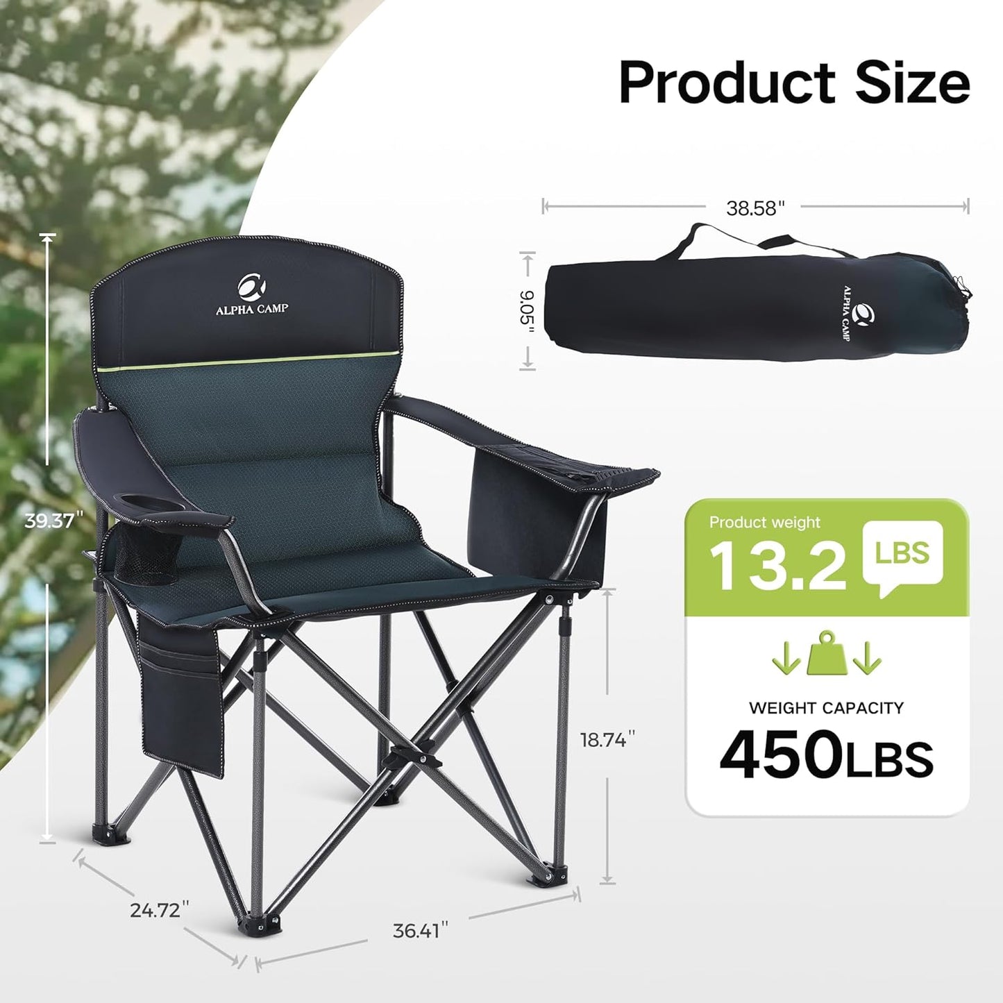 Silla plegable camping gran tamaño acolchada con soporte