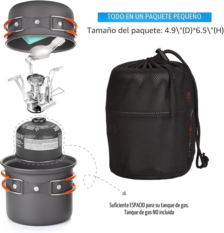 Kit 6 utensilios cocina acampar olla ligera estufa bolsa malla
