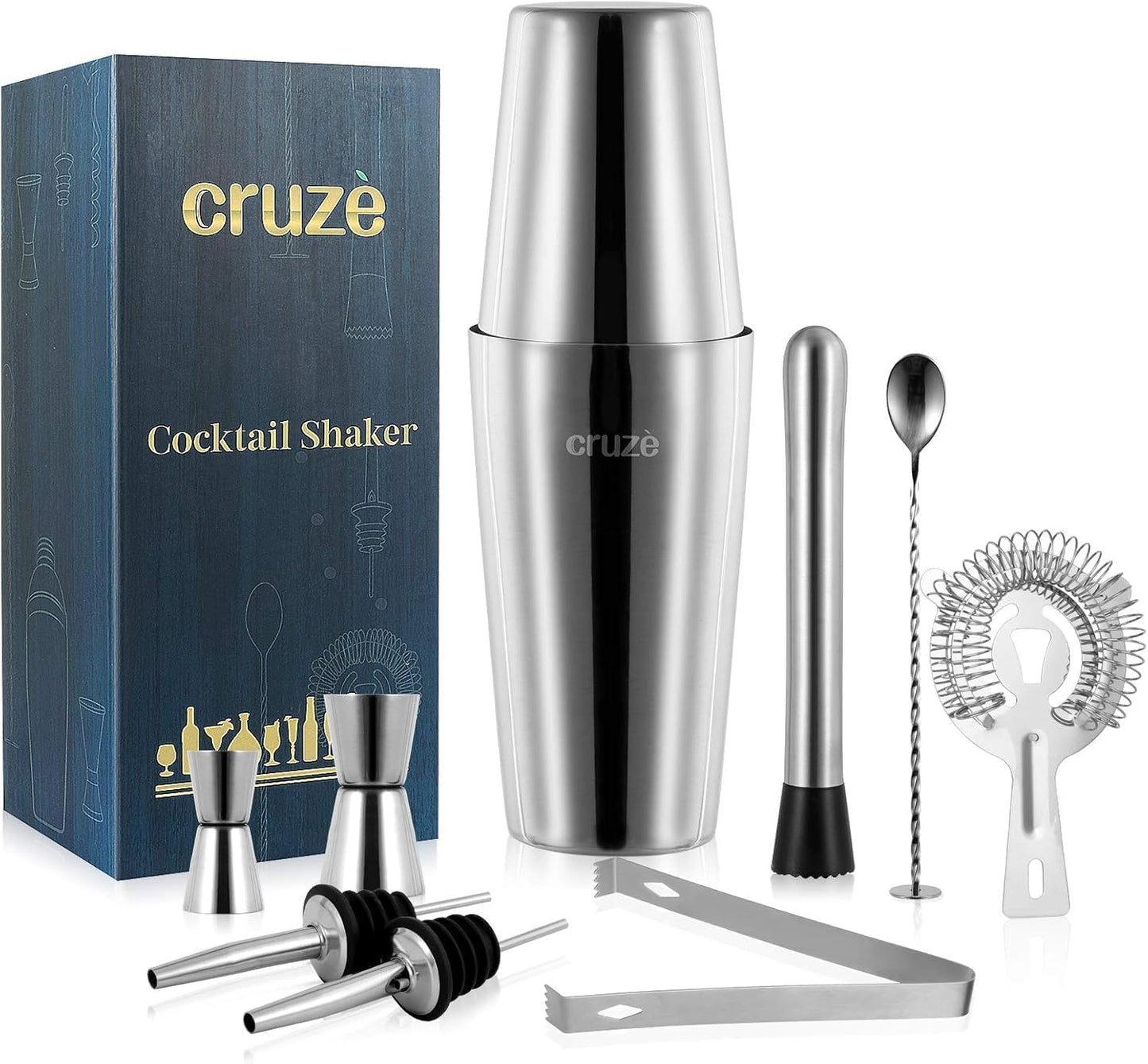 Set 9 Pzas Coctelera Boston Shaker Jiggers Muddler Caja Regalo