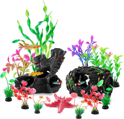 Juego 14 decoraciones pecera madera resina plástico