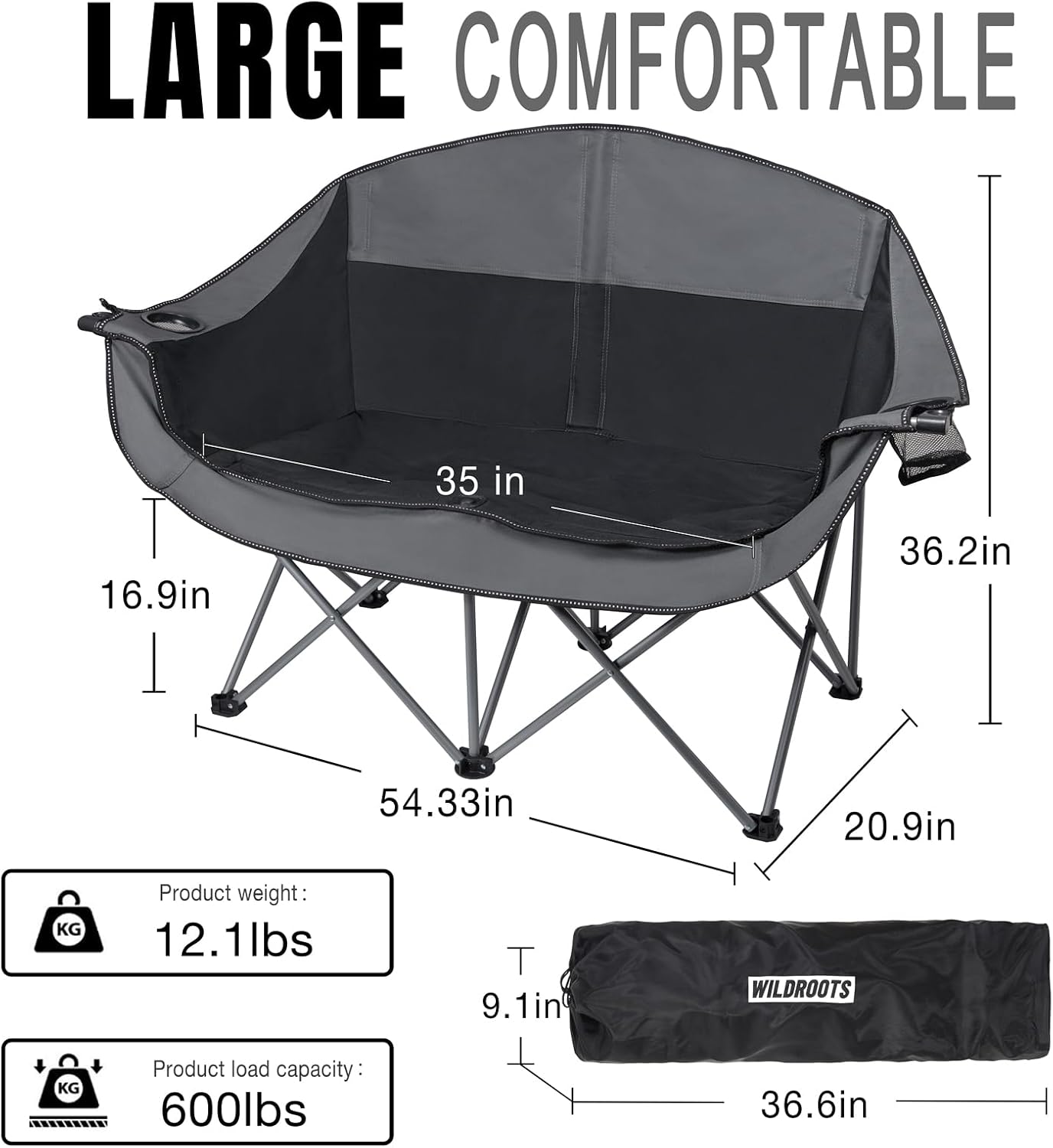 Silla doble plegable camping 2 personas 600lb con portavasos