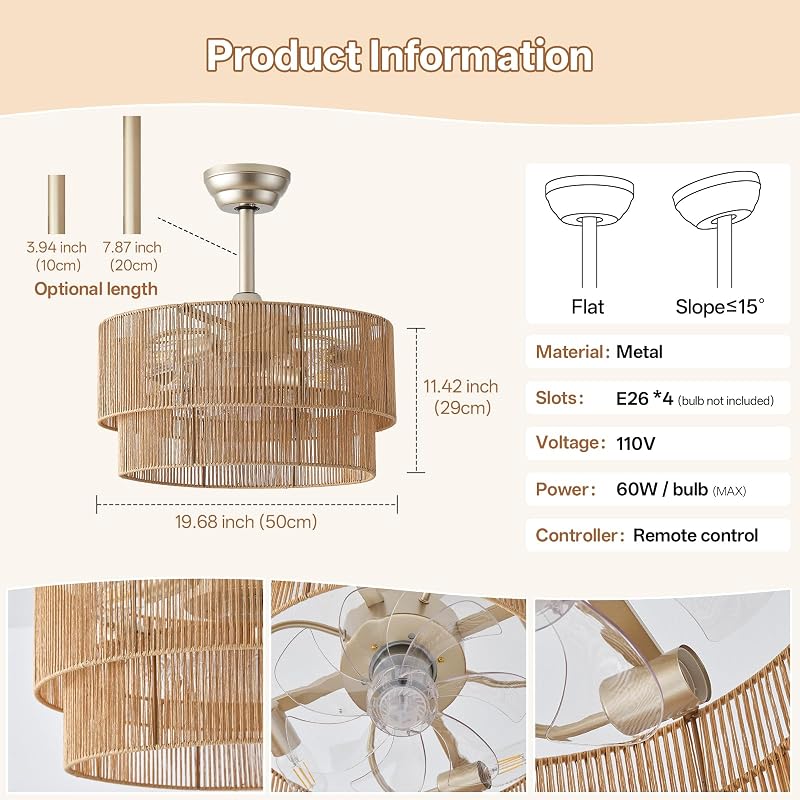Ventilador techo boho 20pulg candelabro ratán luz 6