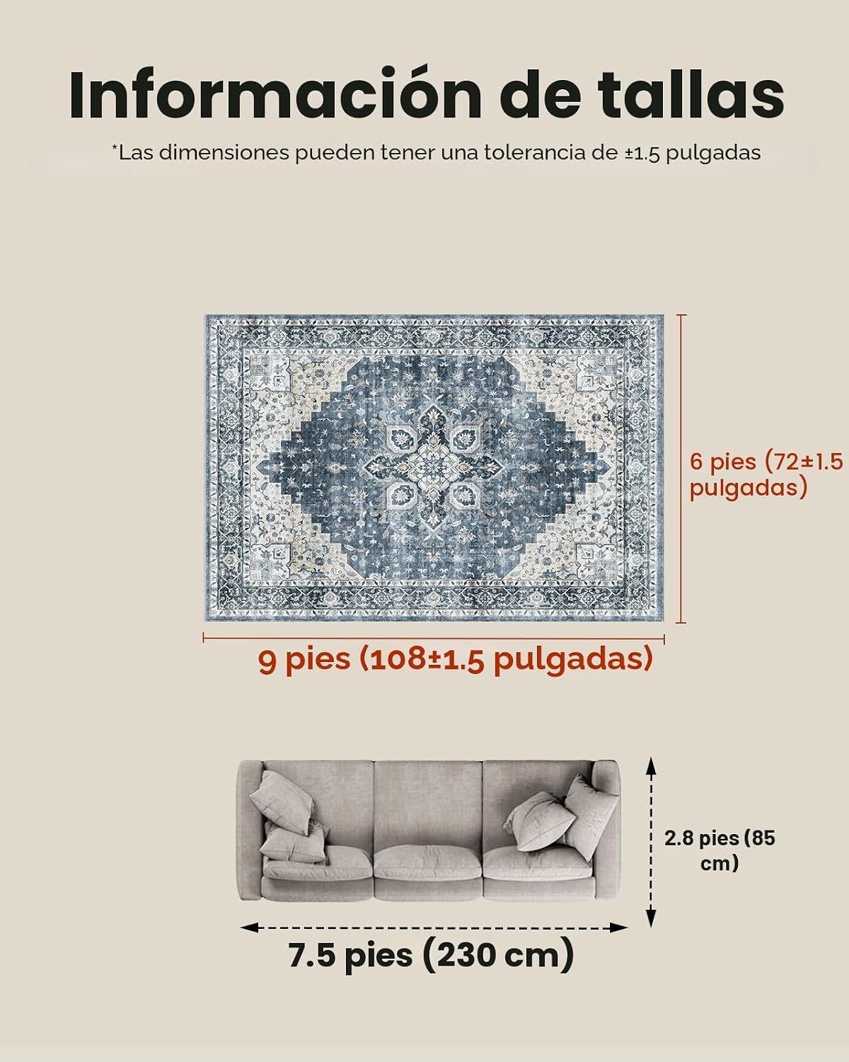 Alfombras área 6x9 azul lavables antiderrap vintage sala