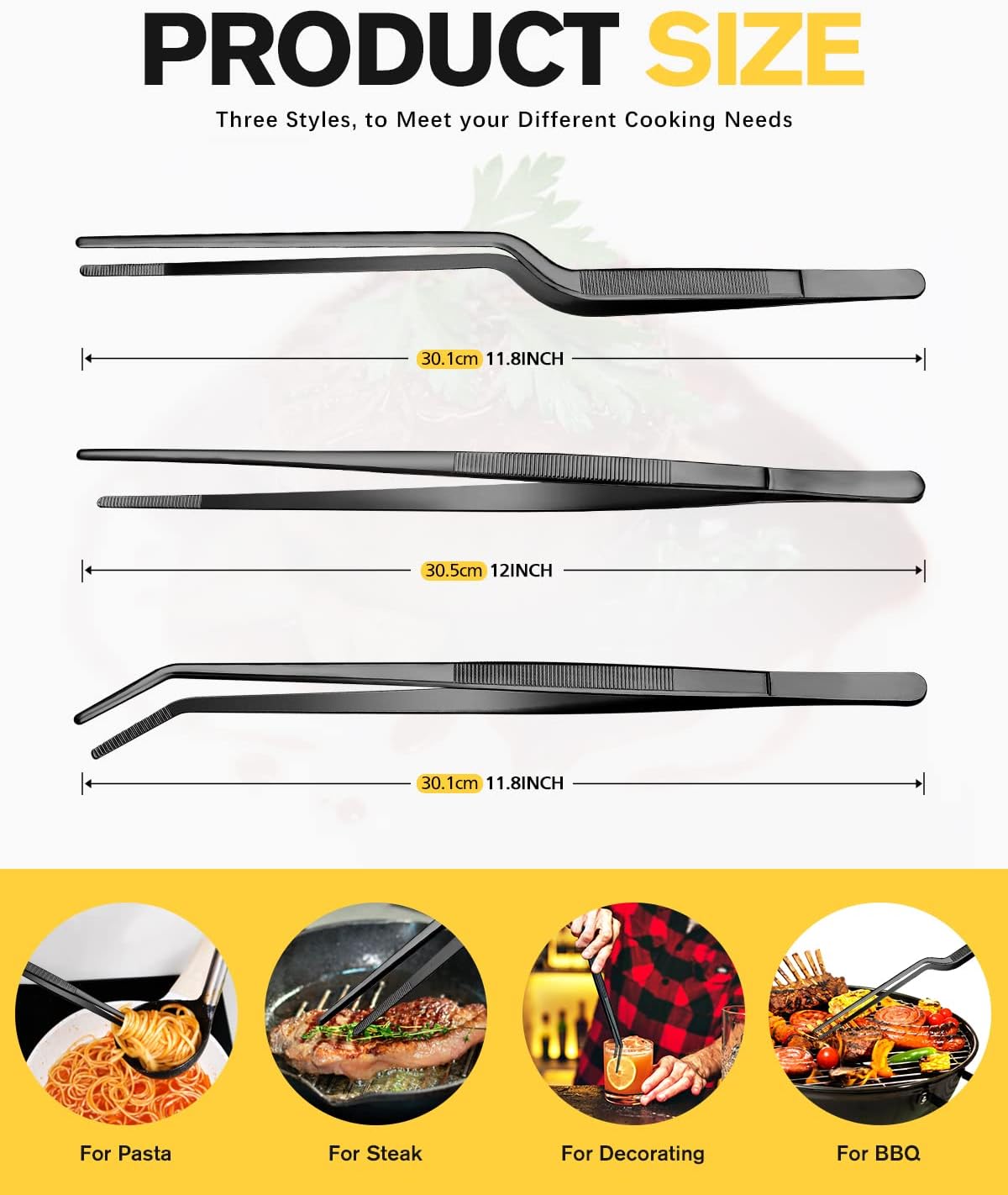 Set pinzas cocina acero inox largas negras 30cm
