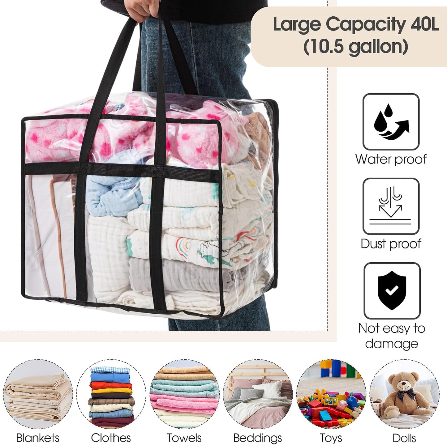 6 bolsas PVC transparente con cremallera 40L para ropa