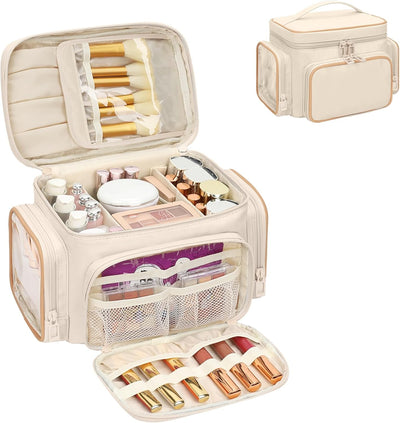 Bolsa maquillaje organizadora con compartimentos brochas y bolsillos blancas