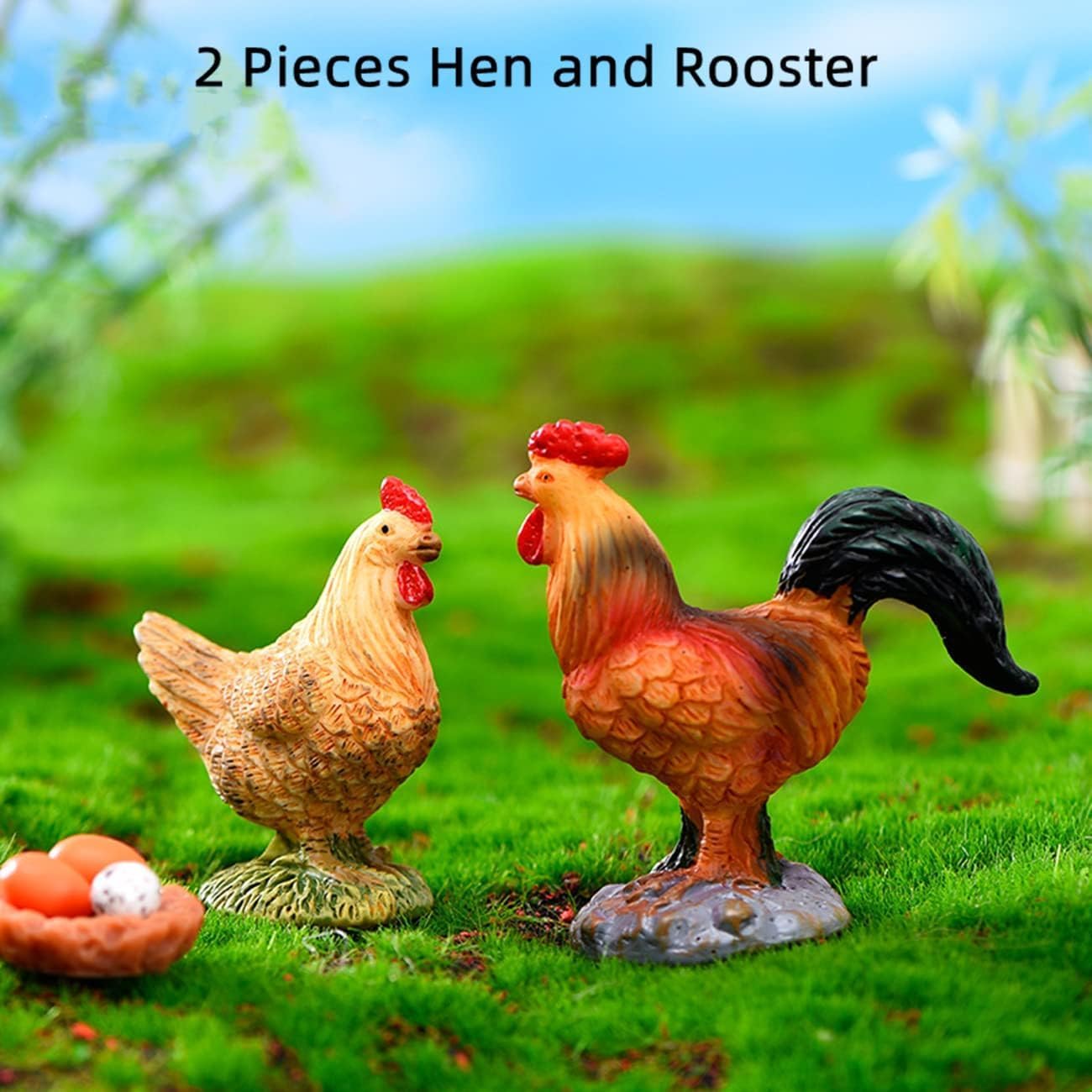 2 figuras mini gallo gallina decoración jardín hadas coleccionable