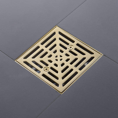 Cuadrado drenaje ducha dorado cepillado 4-1/4pulg base pvc