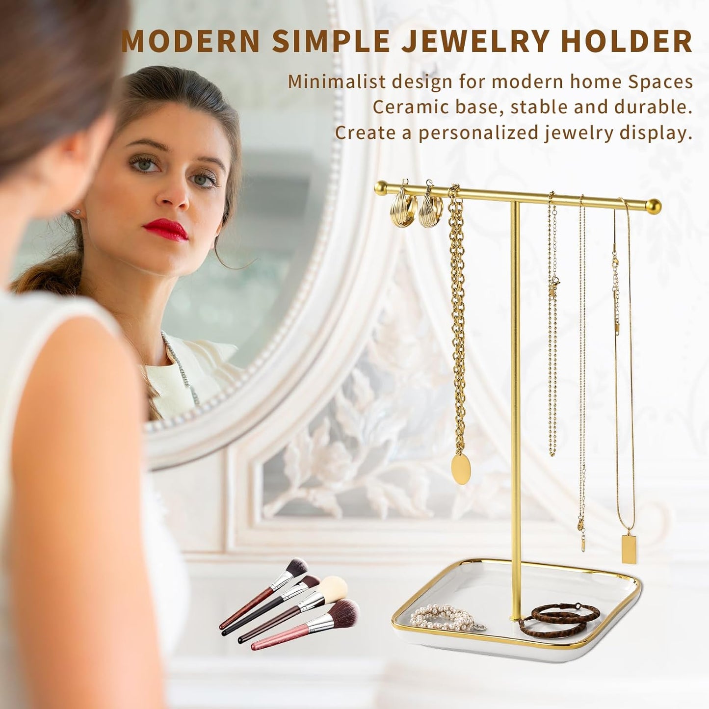 Estante joyas forma T metal dorado base cerámica