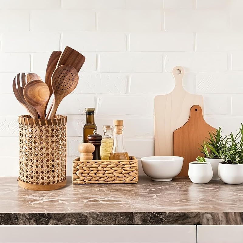 Soporte utensilios ratán tejido cocina encimera