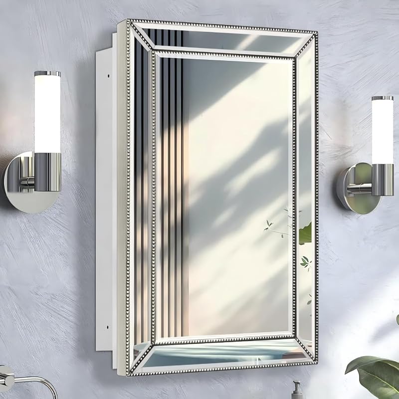 Botiquín baño espejo biselado madera plateado
