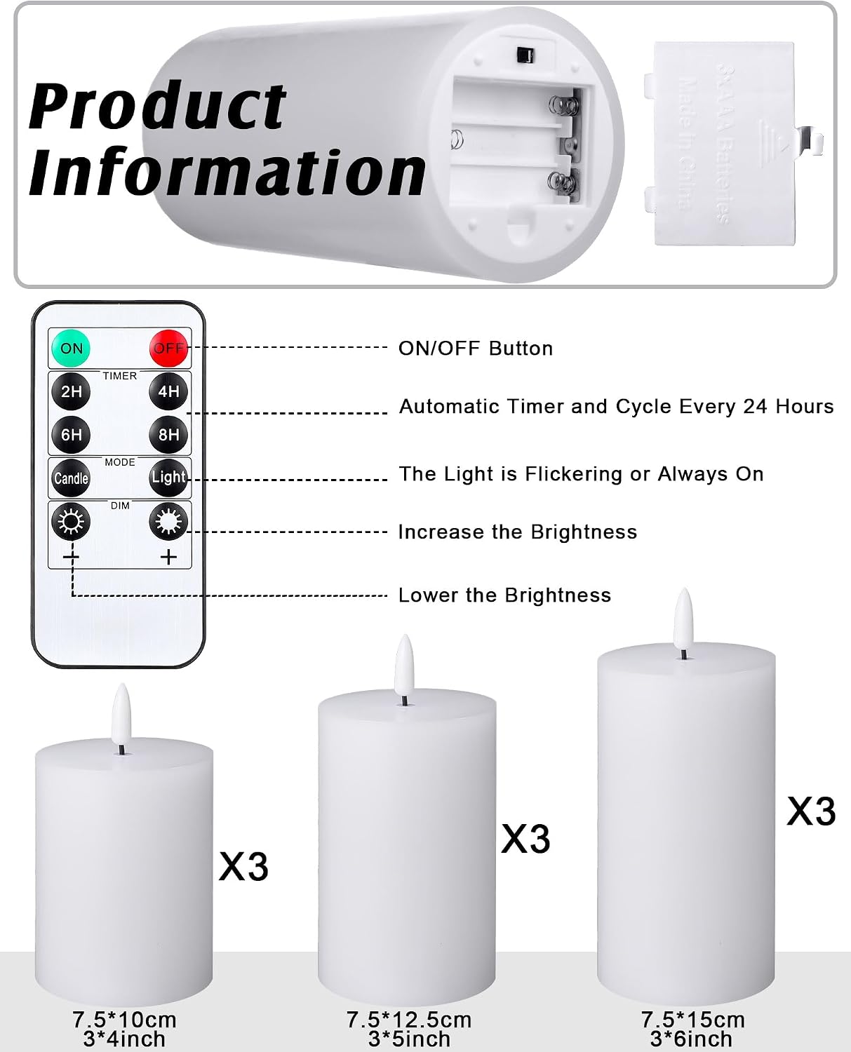 Set 9 Velas LED Sin Llama Blancas con Control Remoto 3"