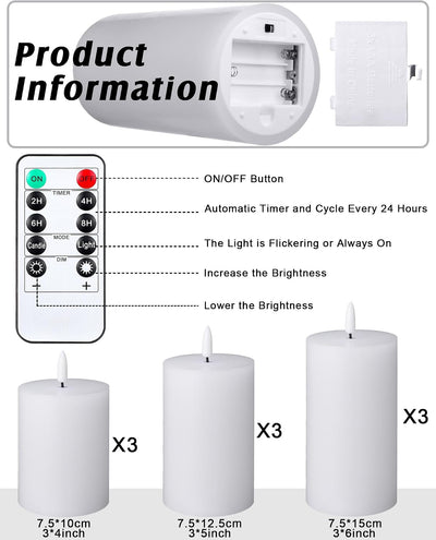 Set 9 Velas LED Sin Llama Blancas con Control Remoto 3"
