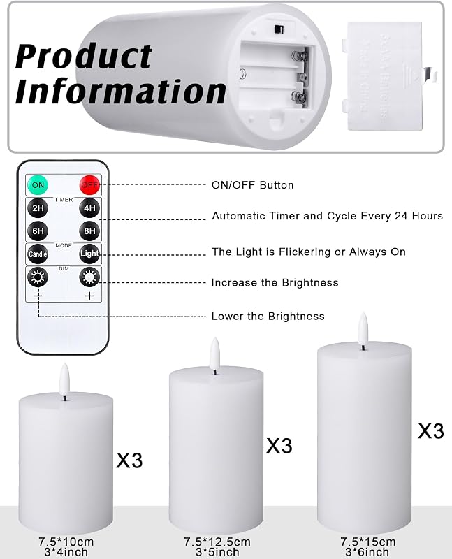 Set 9 Velas LED Sin Llama Blancas con Control Remoto 3"