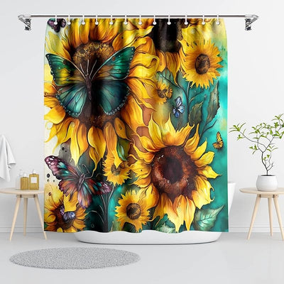 Cortina ducha girasol amarillo ganchos verano