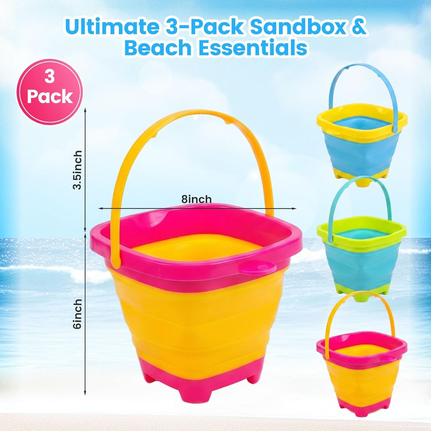 3 Cubos Silicona Plegables 2L para Juguetes Playa y Campamento
