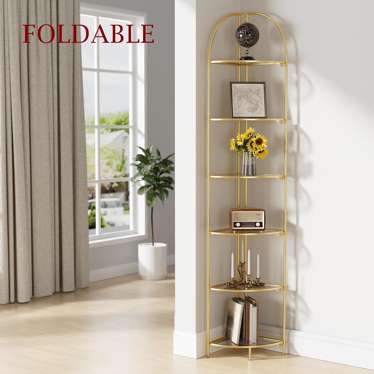 Estante esquinero plegable 6 niveles metal dorado