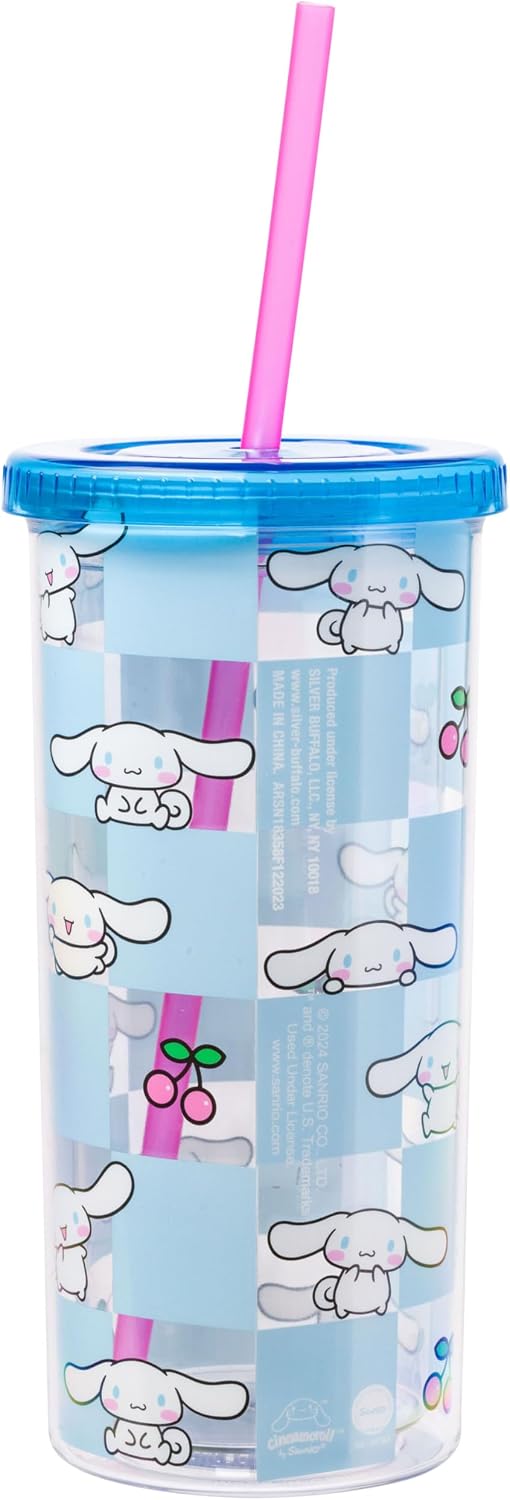 Vaso plástico Cinnamoroll azul cereza con tapa y pajilla 20oz