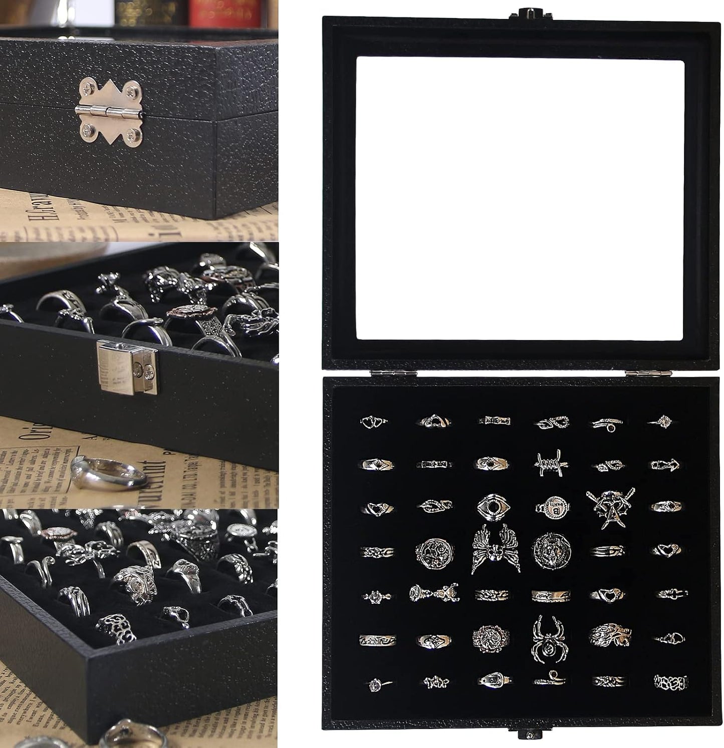 Estuche organizador anillos negras con tapa cristal 42 ranuras