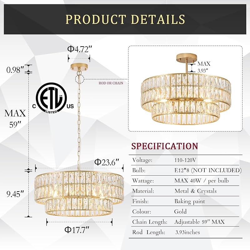 Lámpara araña cristal 24" 8 luces dorado sala comedor
