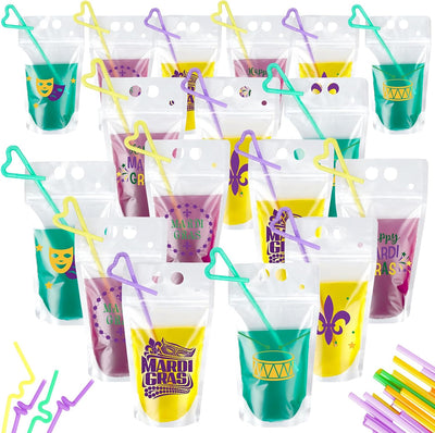 Set 24 Bolsas Bebidas Mardi Gras con Pajitas