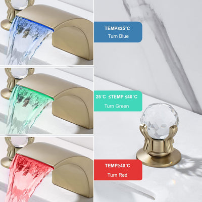 Grifo baño cascada LED 3 agujeros 8pulg perillas latón oro